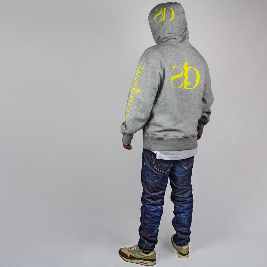 Grey multi logo hooded sweatshirt / yellow print