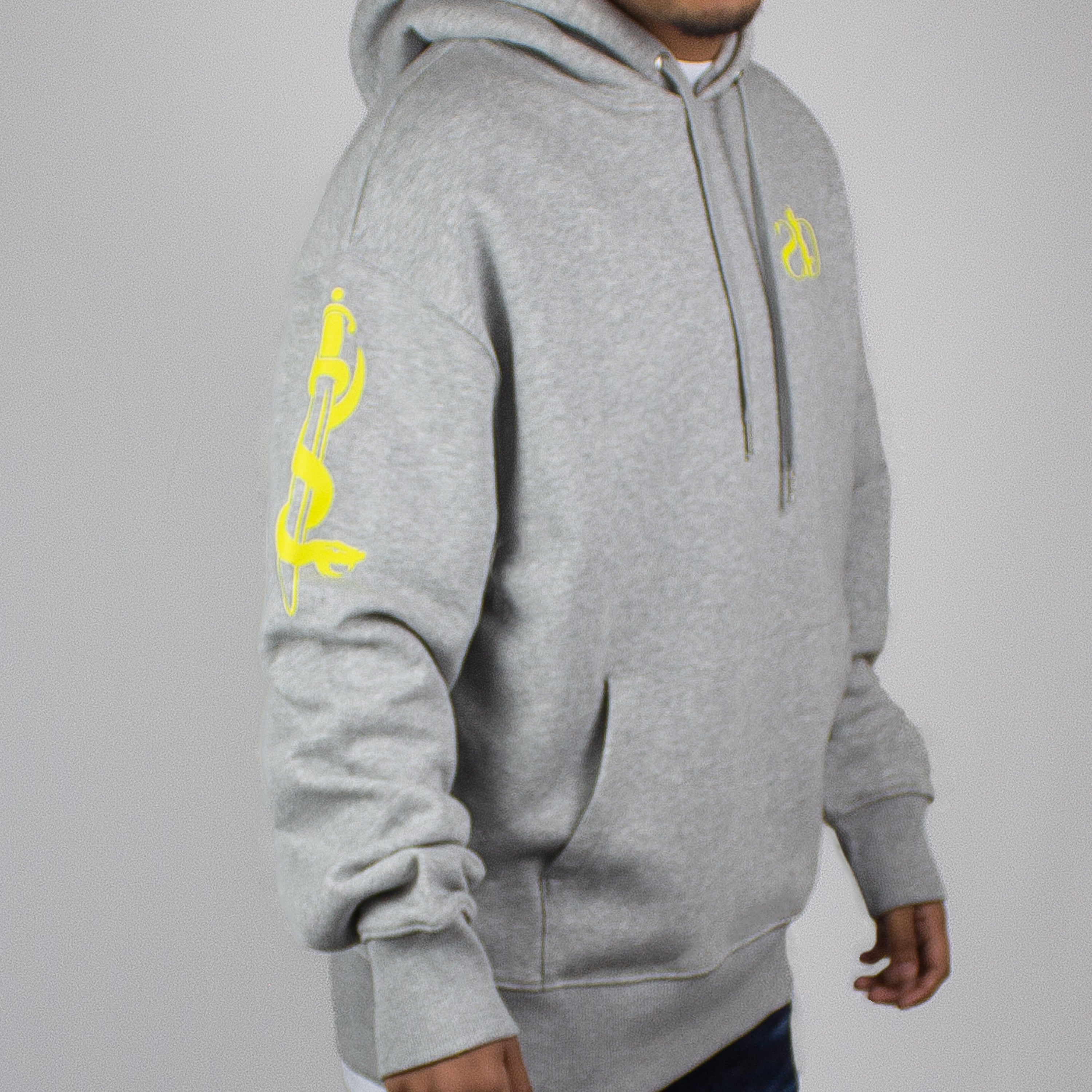 Grey multi logo hooded sweatshirt / yellow print