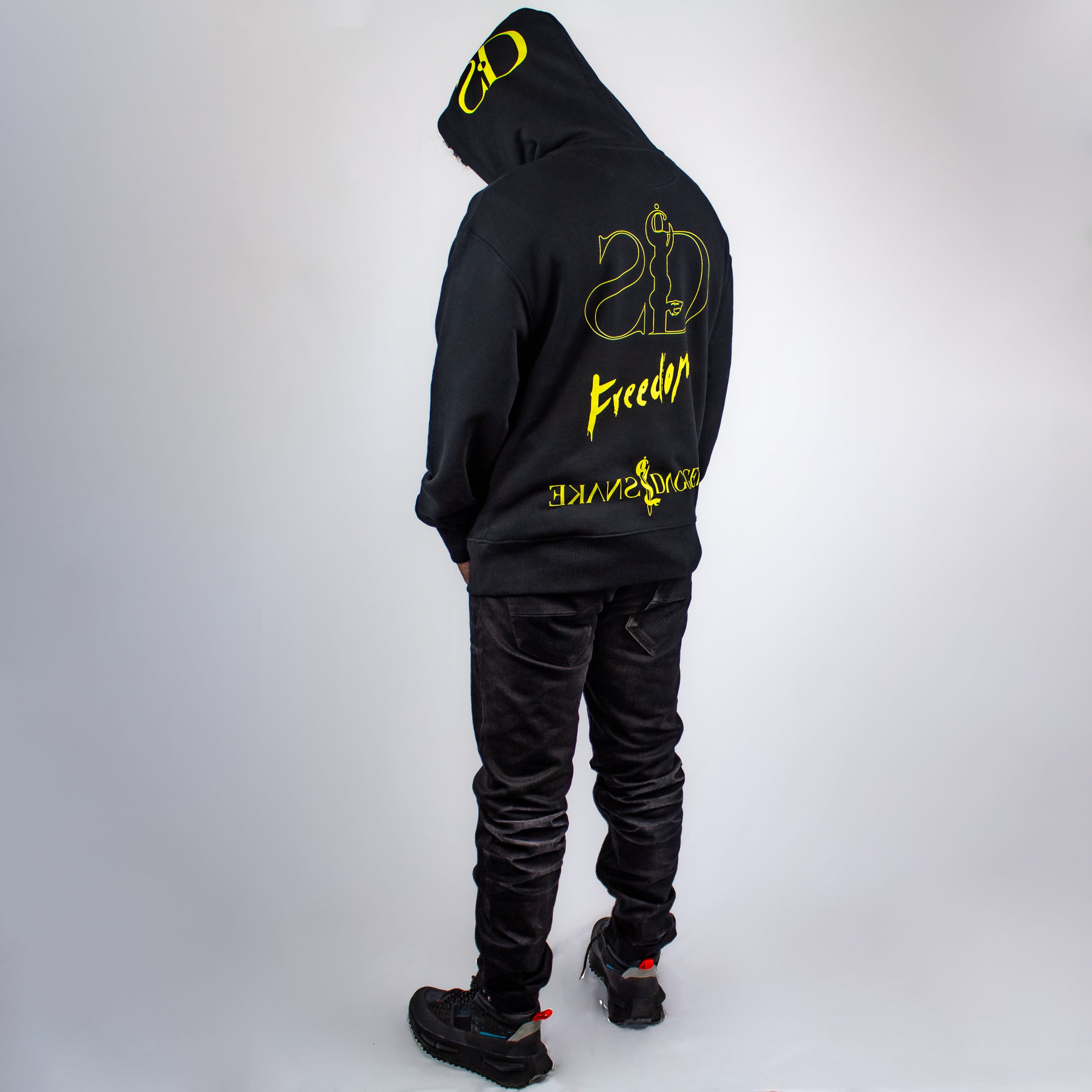 Black Snakestream Freedom design hooded sweatshirt / yellow print design details