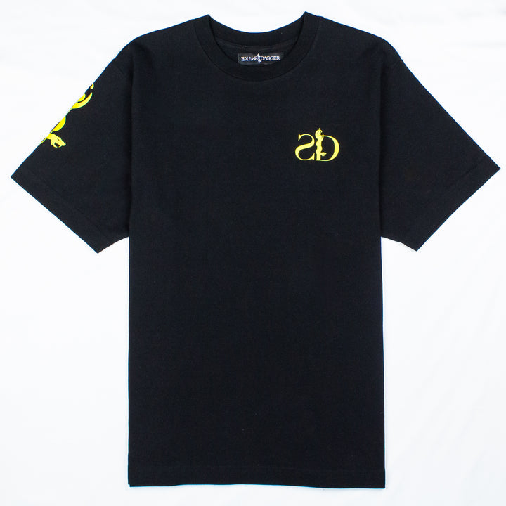 Black short sleeve multi logo t-shirt / Yellow print