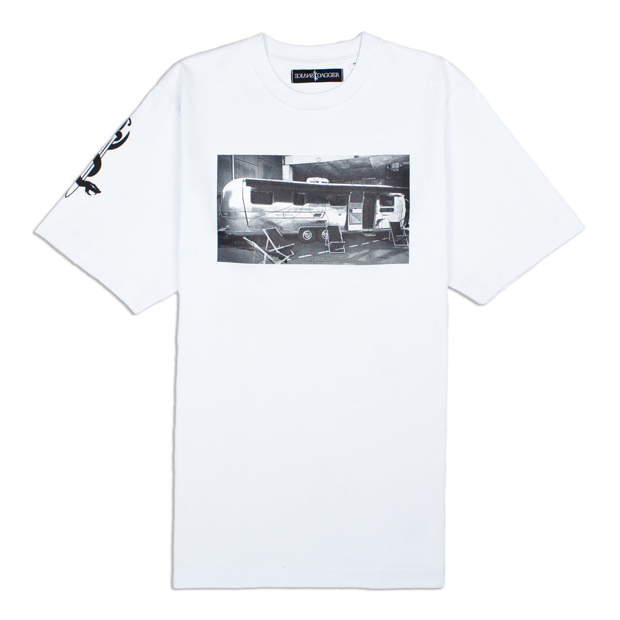 White short sleeve t-shirt / Snakestream design / black print