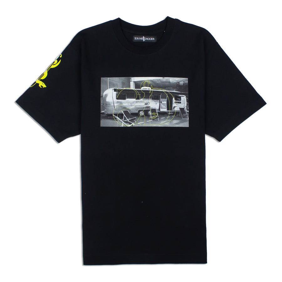 Black short sleeve t-shirt / Snakestream design / yellow print